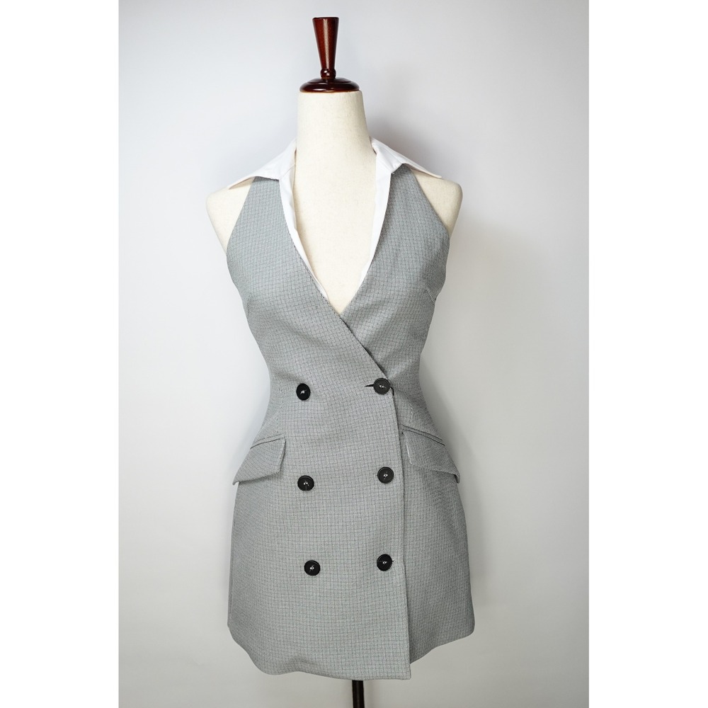 Zara Gray Sleeveless Double-Breasted Shirt Dress Halter Neck Tuxedo Mini Dress